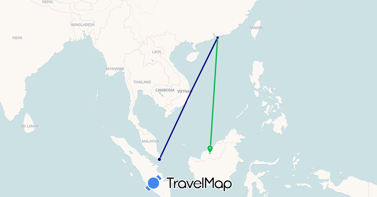 TravelMap itinerary: driving, bus in China, Malaysia, Singapore (Asia)